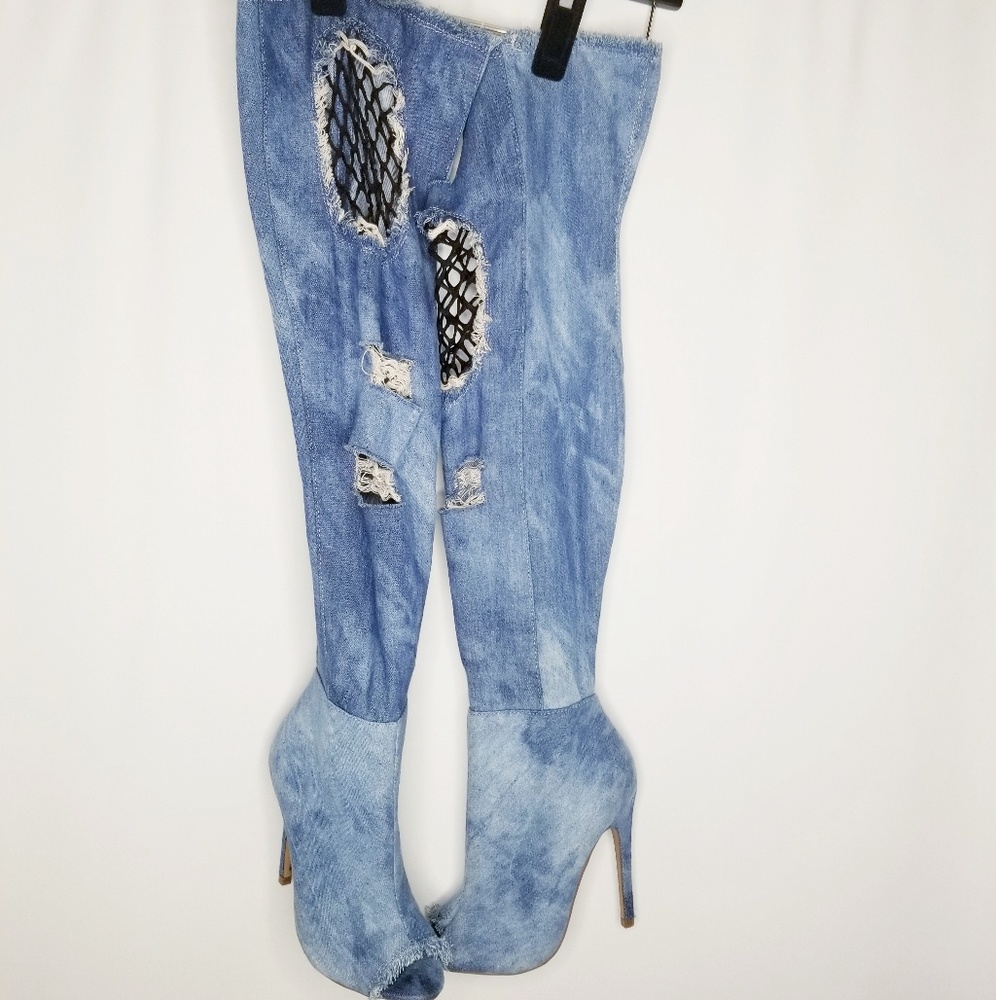 Liliana Destroyed Denim fishnet Boots